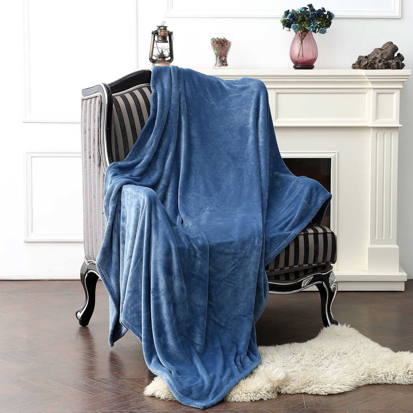 RONGTAI Blue Gray Fleece Throw Blanket for Sofa Bed