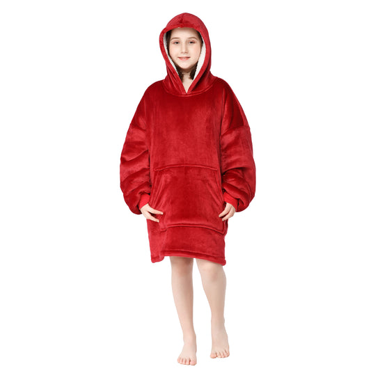 RONGTAI Wine Red Kid Oversized Wearable Blankets with Pockets Blanket Hoodie