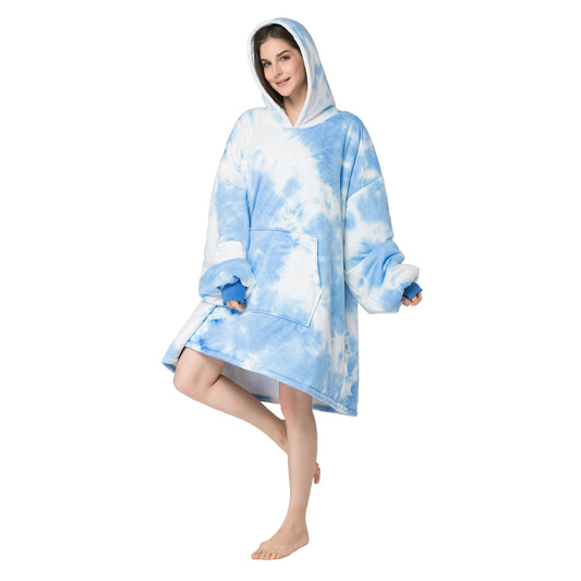 RONGTAI Light Blue Tie dye Oversized Wearable Blankets with Pockets Blanket Hoodie
