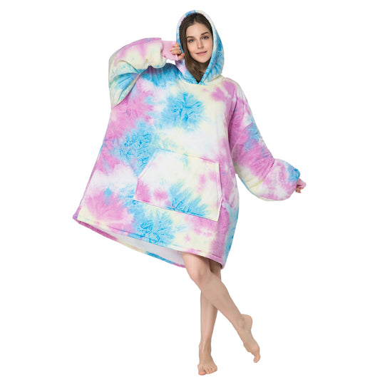 RONGTAI Pink bklue Tie dye Oversized Wearable Blankets with Pockets Blanket Hoodie