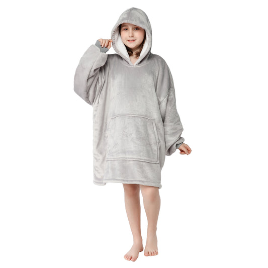 RONGTAI Light Gray Kid Oversized Wearable Blankets with Pockets Blanket Hoodie