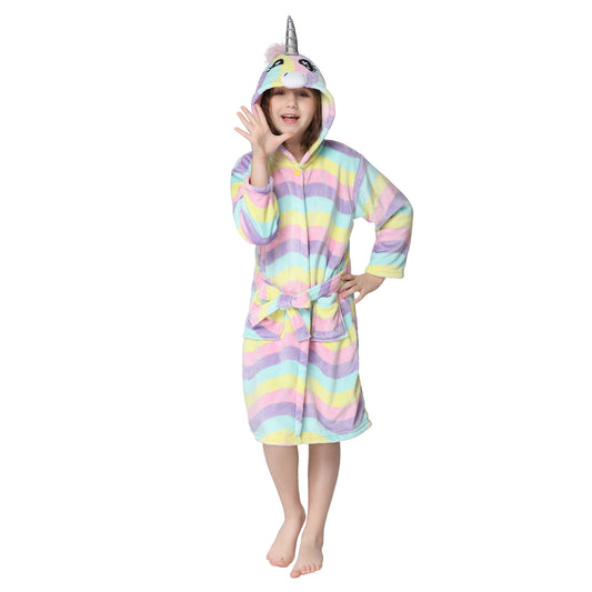 RONGTAI Wave Pattern Fleece Kid Robe Bathrobes with Hood