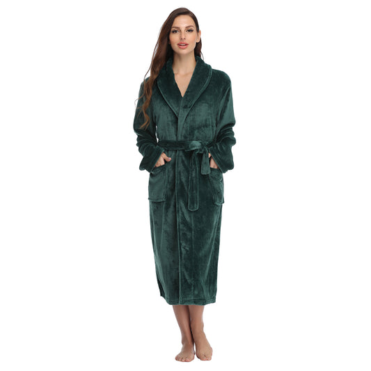 RONGTAI Dark Green Fleece Robes for Women Bathrobe with Pockets
