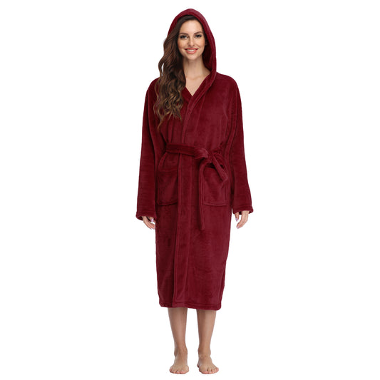 RONGTAI Wine Color Fleece Womens Robe Bathrobes with Hood