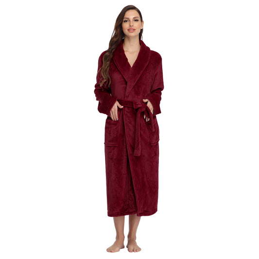 RONGTAI Wine Color Fleece Robes for Women Bathrobe with Pockets