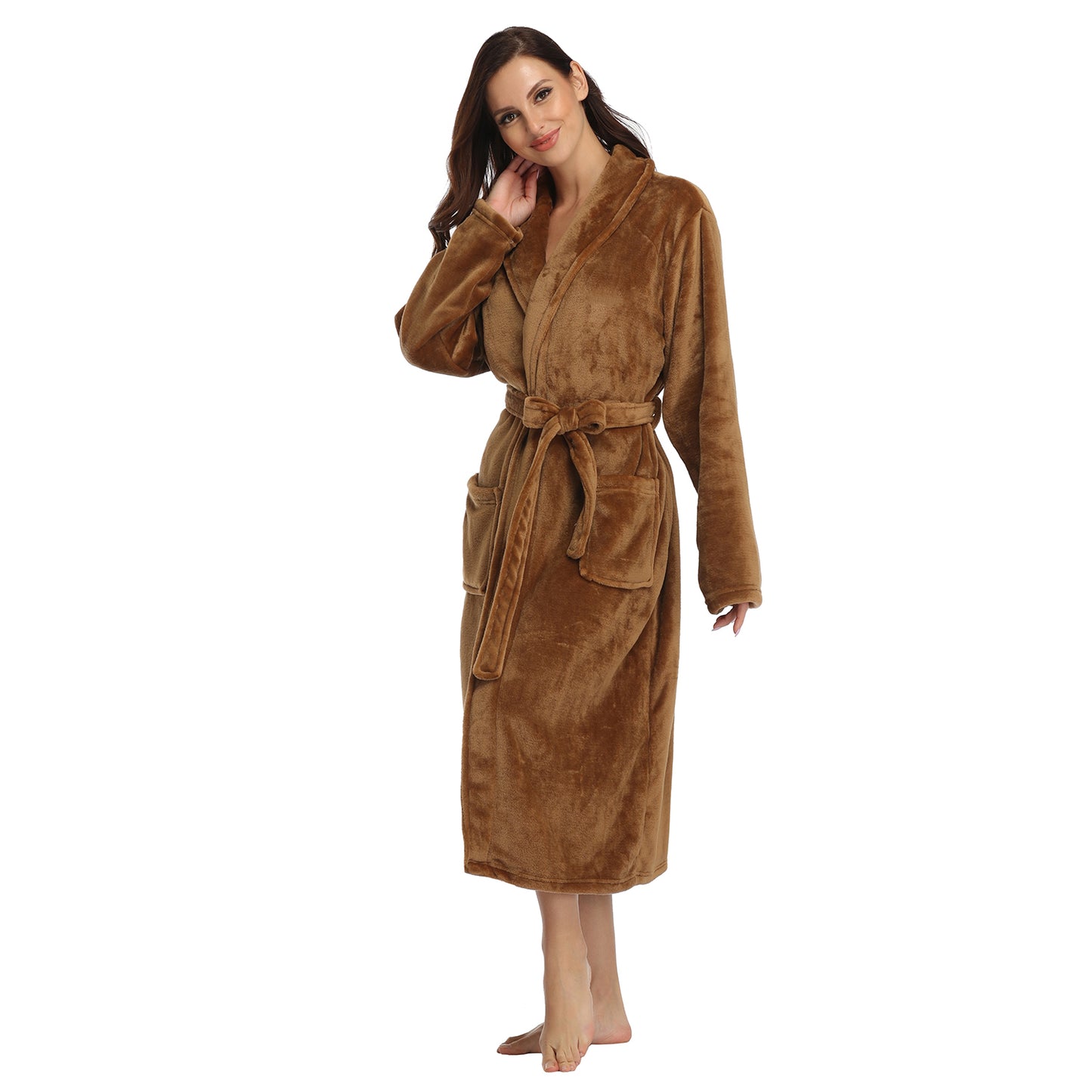 RONGTAI Brown Fleece Robes for Women Bathrobe with Pockets