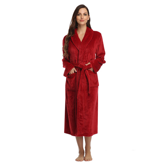RONGTAI Dark Red Fleece Robes for Women Bathrobe with Pockets
