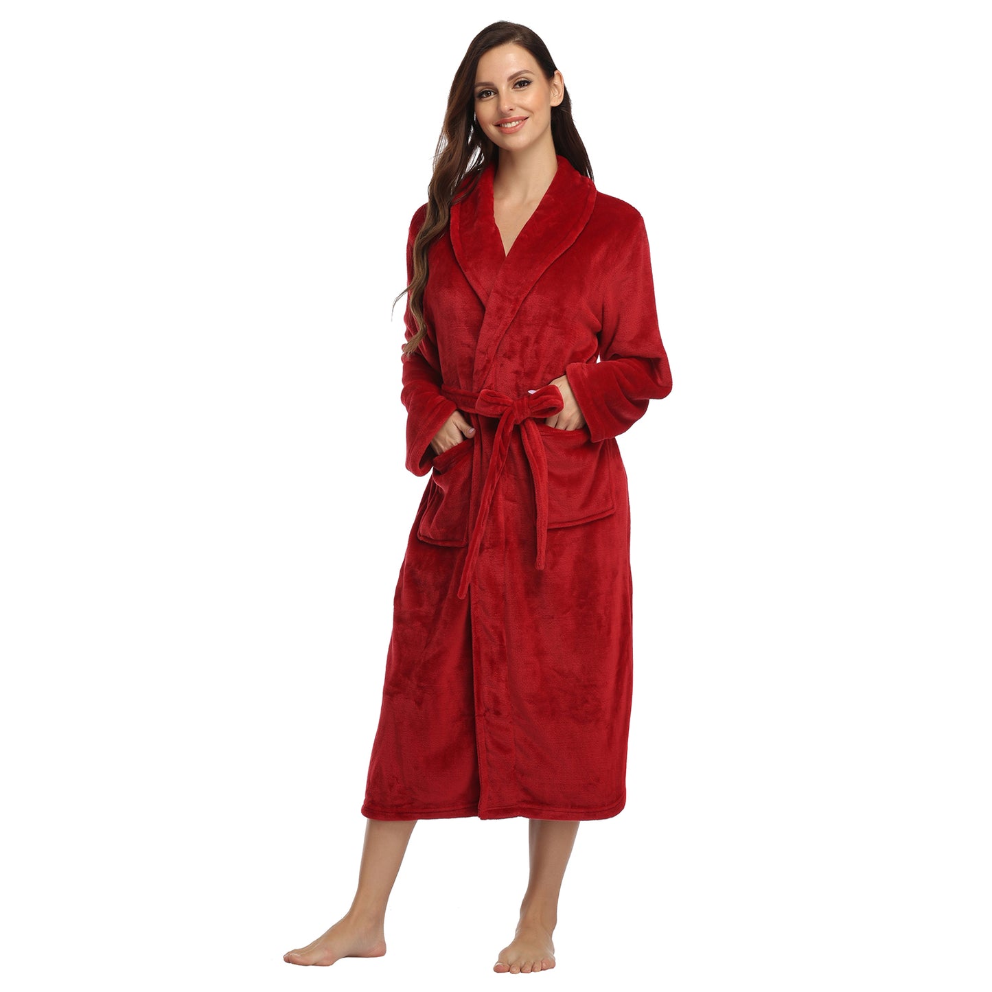 RONGTAI Dark Red Fleece Robes for Women Bathrobe with Pockets