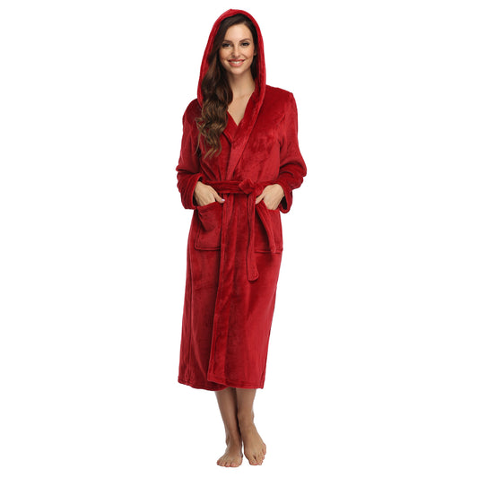 RONGTAI Dark Red Fleece Womens Robe Bathrobes with Hood
