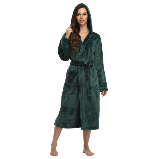 RONGTAI Dark Green Fleece Womens Robe Bathrobes with Hood