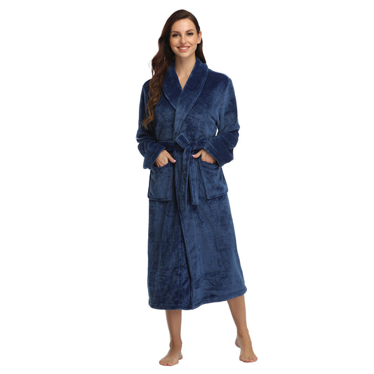 RONGTAI Denim Blue Fleece Robes for Women Bathrobe with Pockets