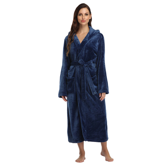 RONGTAI Cyan Fleece Robes for Women Bathrobe with Pockets
