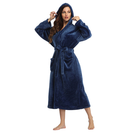 RONGTAI Dark Blue Fleece Robes for Women Bathrobe with Pockets
