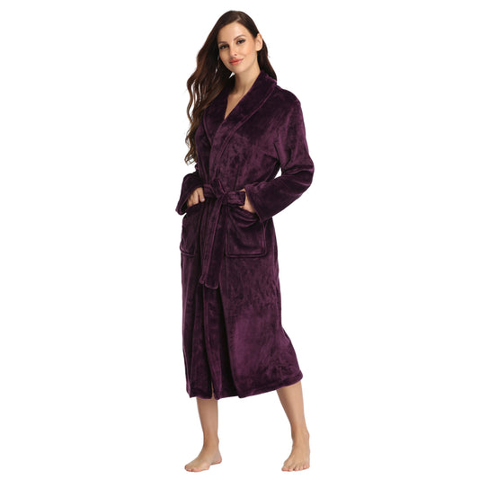 RONGTAI Dark Purple Fleece Robes for Women Bathrobe with Pockets