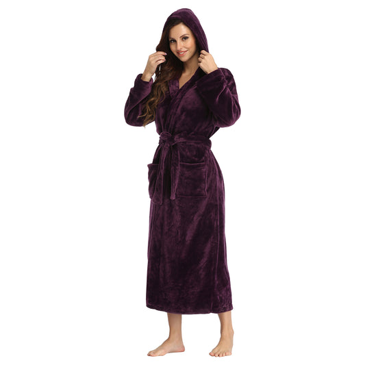 RONGTAI Dark Purple Fleece Womens Robe Bathrobes with Hood