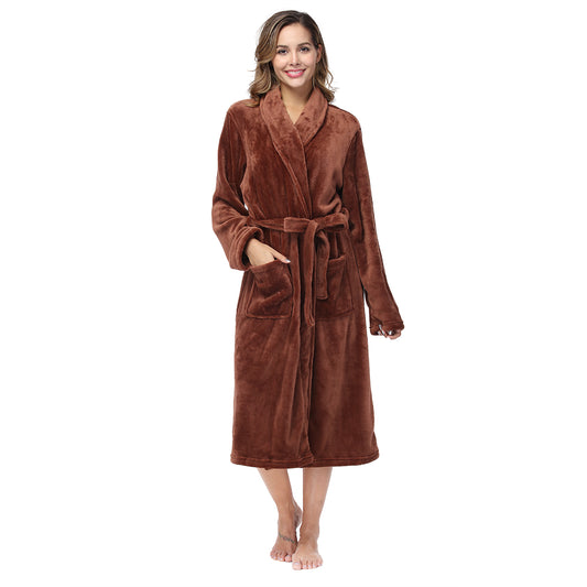 RONGTAI Khaki Fleece Robes for Women Bathrobe with Pockets