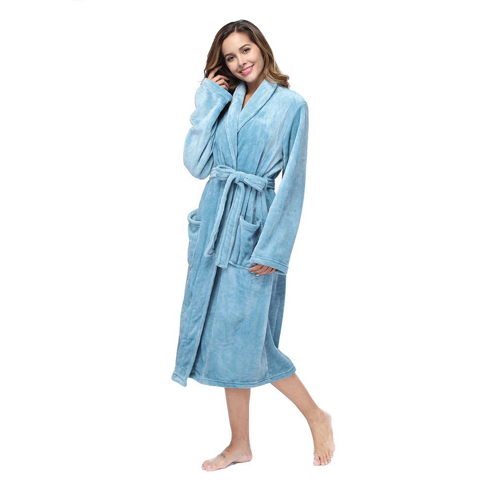 RONGTAI Lake Blue Fleece Robes for Women Bathrobe with Pockets