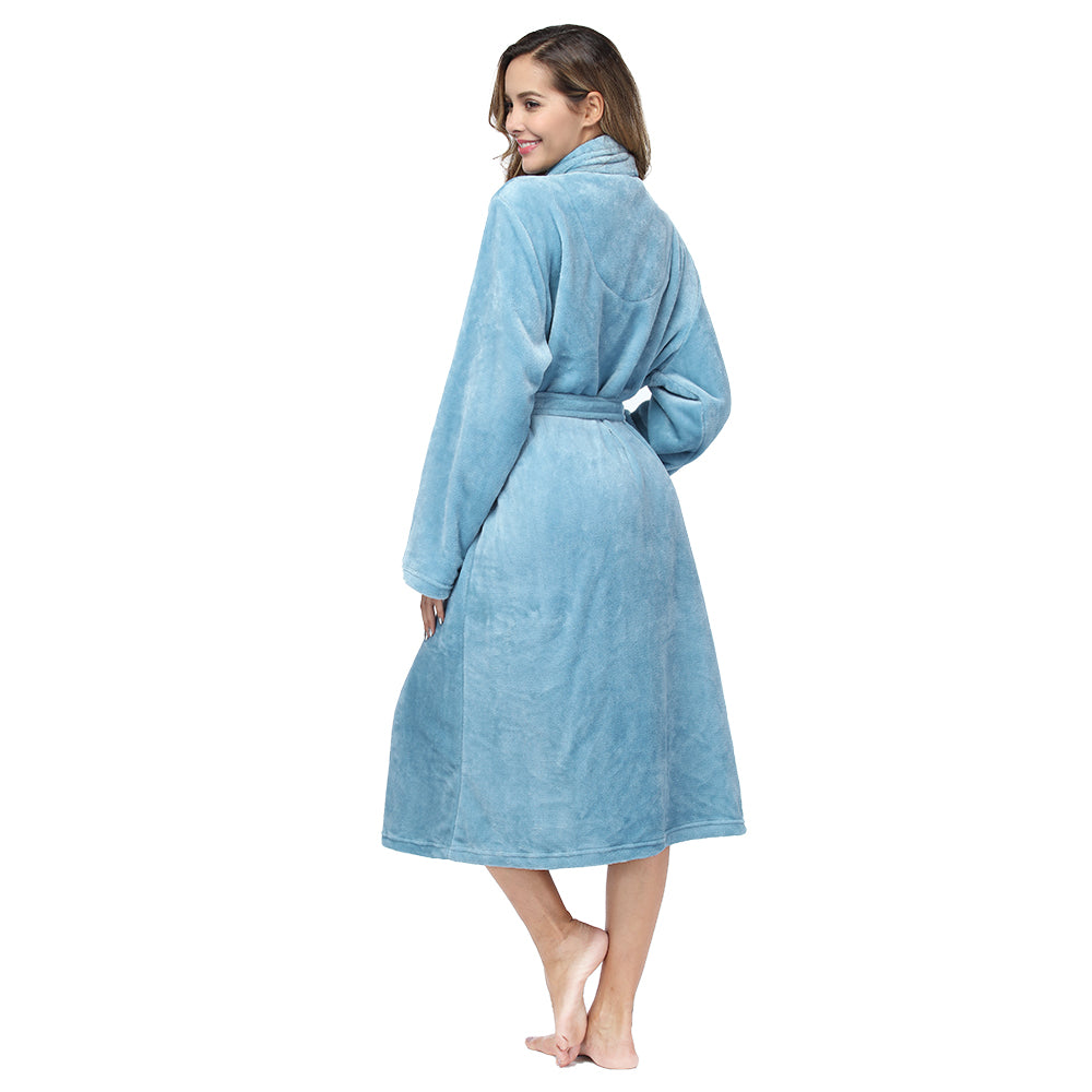 RONGTAI Lake Blue Fleece Robes for Women Bathrobe with Pockets