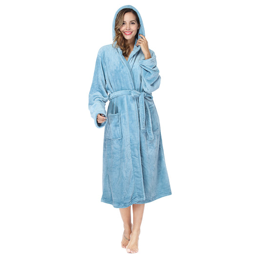 RONGTAI Lake Blue Fleece Womens Robe Bathrobes with Hood
