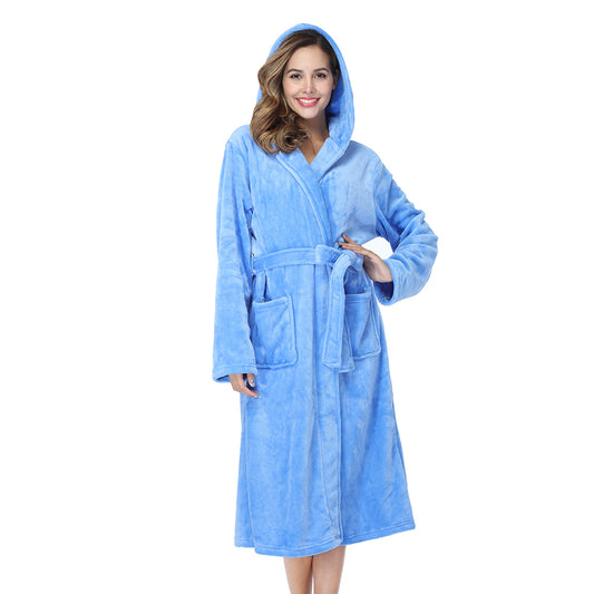 RONGTAI Blue Fleece Womens Robe Bathrobes with Hood