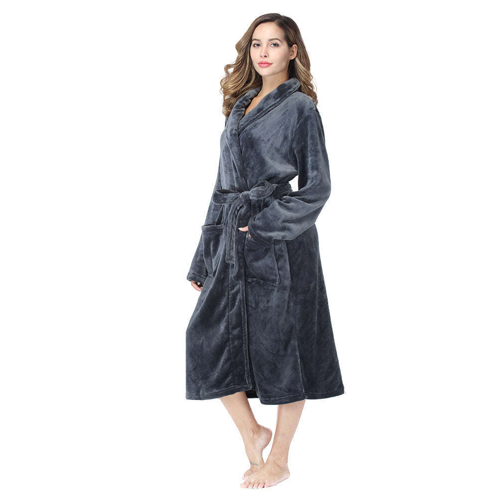 RONGTAI Dark Gray Fleece Robes for Women Bathrobe with Pockets