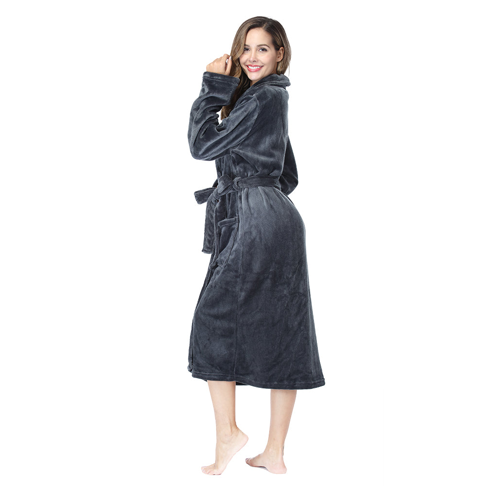 RONGTAI Dark Gray Fleece Robes for Women Bathrobe with Pockets