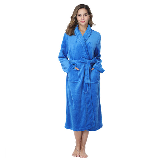 RONGTAI Blue Fleece Robes for Women Bathrobe with Pockets