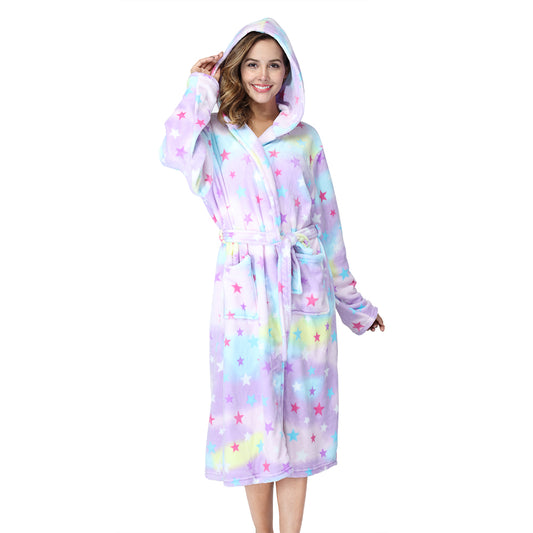 RONGTAI Star Fleece Womens Robe Bathrobes with Hood